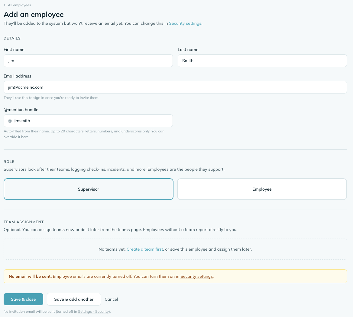 The Add employee form, expanded, with all fields visible.