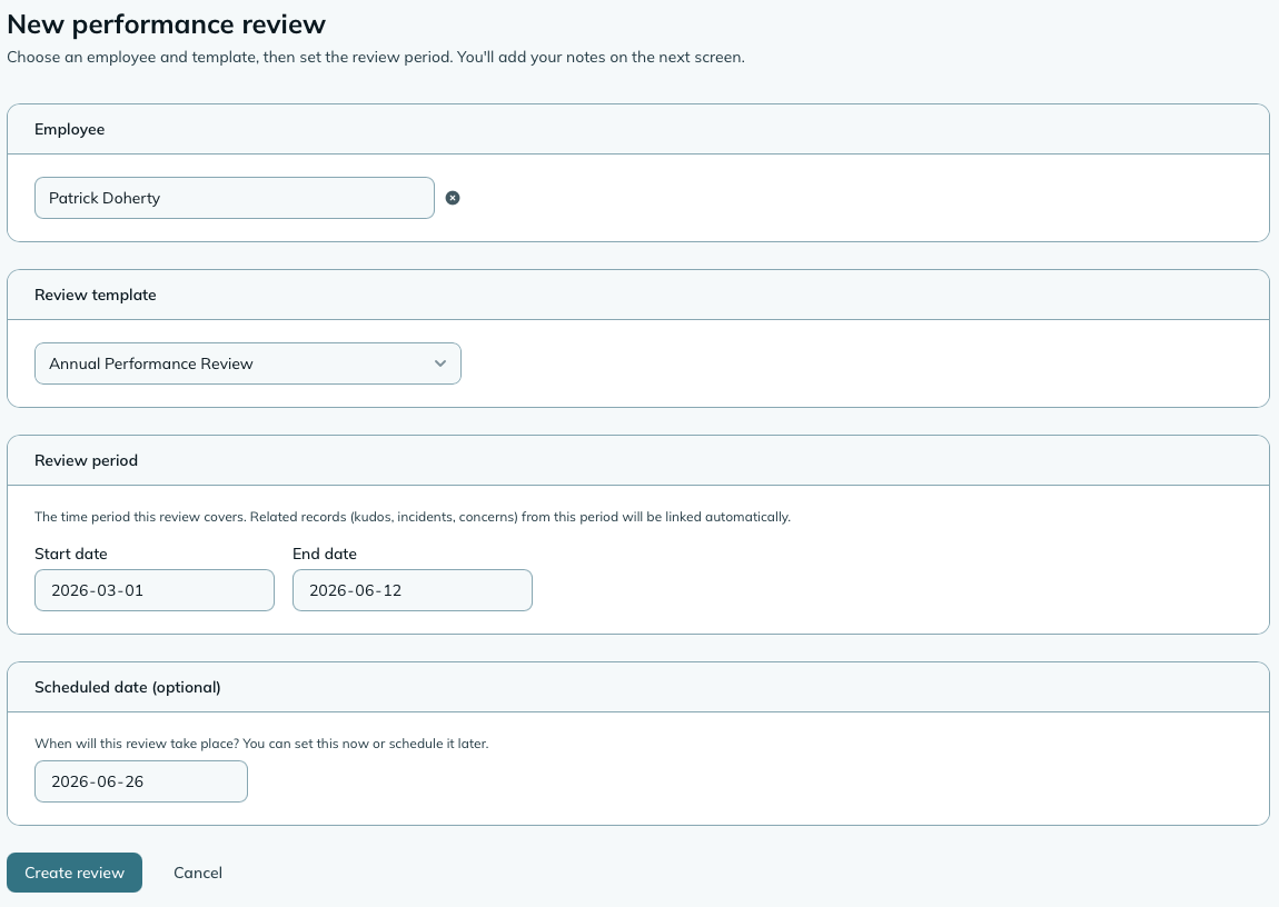 The performance review form, showing employee selector, template dropdown, review period date range, and scheduled date fields