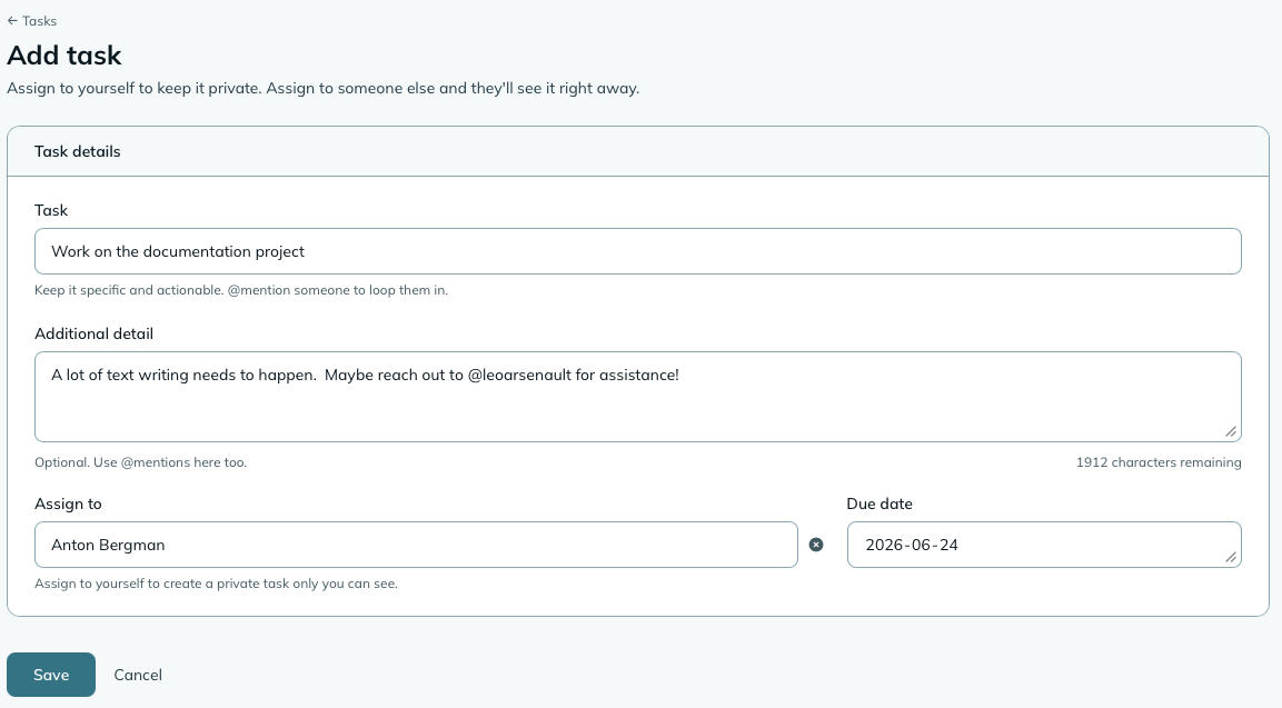The Create task form, expanded, with Title, Assignee search field, Due date, and Detail all visible.