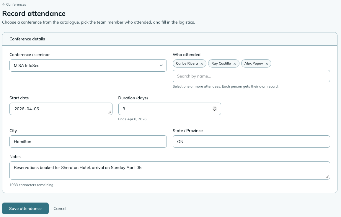 The conference attendance form, showing conference selector, date and duration fields, city and region fields, and a notes textarea
