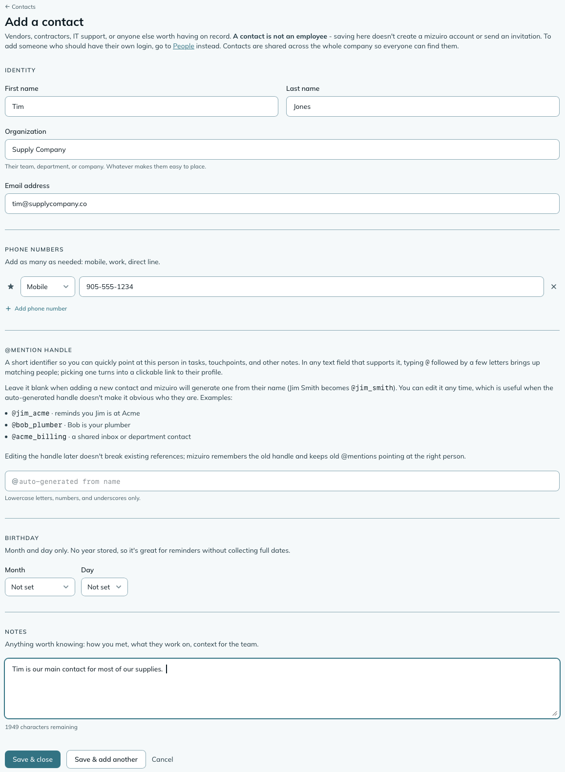 The contact form showing first name, last name, organization, email, mention handle (auto-generated), and a phone number row with label and number fields