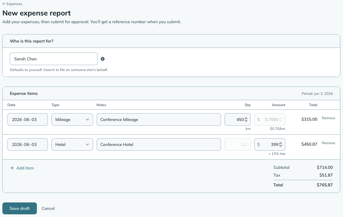 The expense report form showing two line items: a mileage entry with a quantity field and locked unit rate, and a meals entry with an editable amount field
