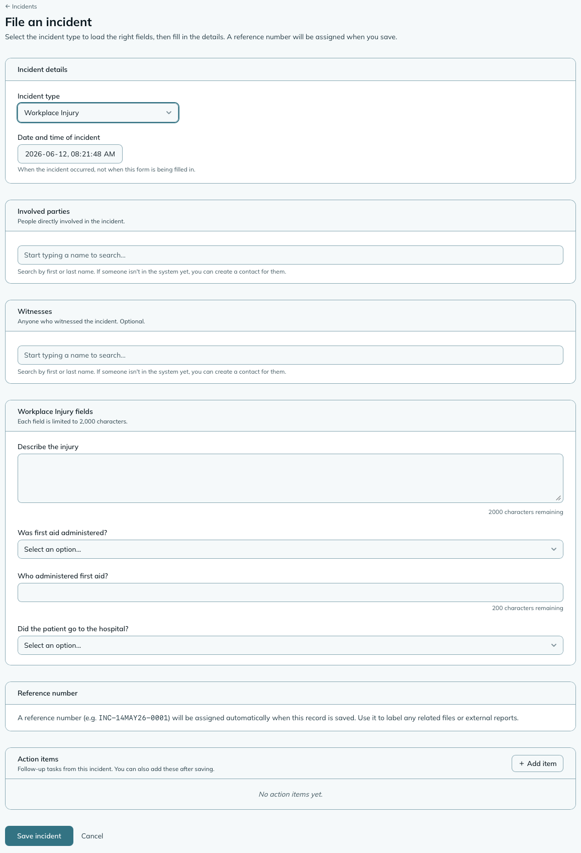 The file incident form, showing the incident type selector at the top, occurred-at date picker, participant token field with both involved and witness sections visible, and the custom response fields below