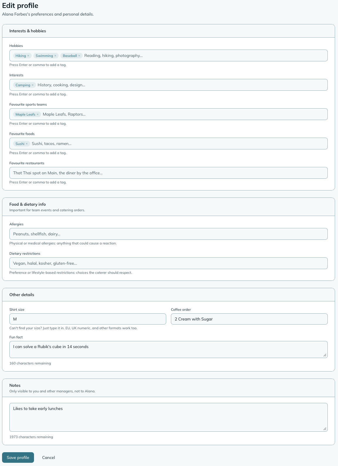 The Kikubari profile edit form, showing pill-based tag inputs for hobbies, dietary restrictions, and allergies, with scalar fields for coffee order and shirt size below