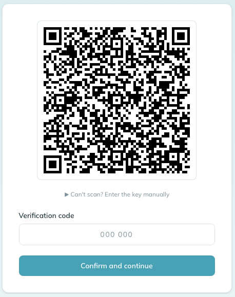 The 2FA setup screen showing the QR code, the six-digit confirmation field, and a 'Show secret as text' link beneath.