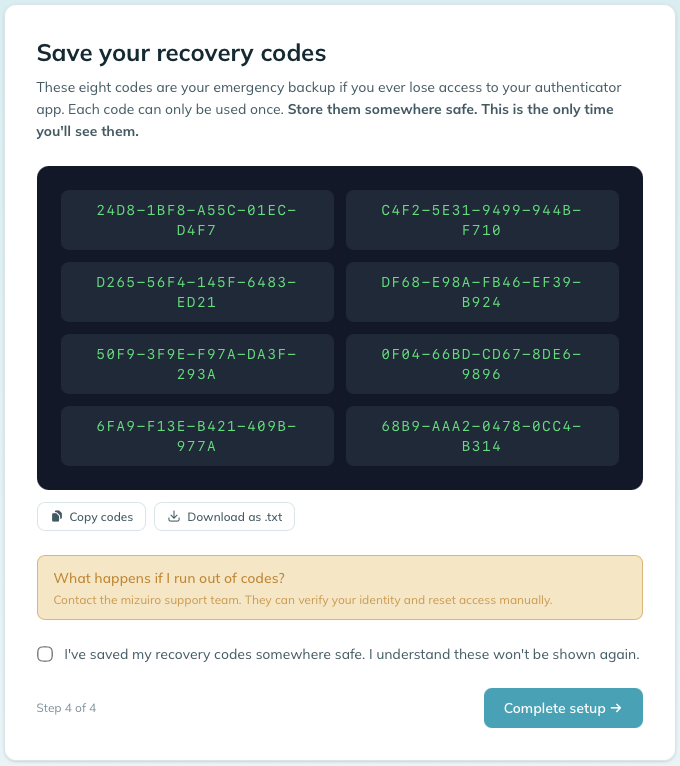 The setup wizard's Recovery codes screen, showing the eight codes plus the Download and Copy buttons.