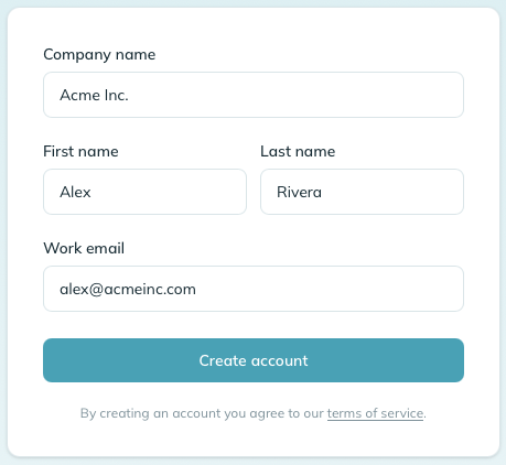 The mizuiro signup form, filled in with name, work email, and password fields. Capture the form only, cropped tight to remove the marketing copy around it.