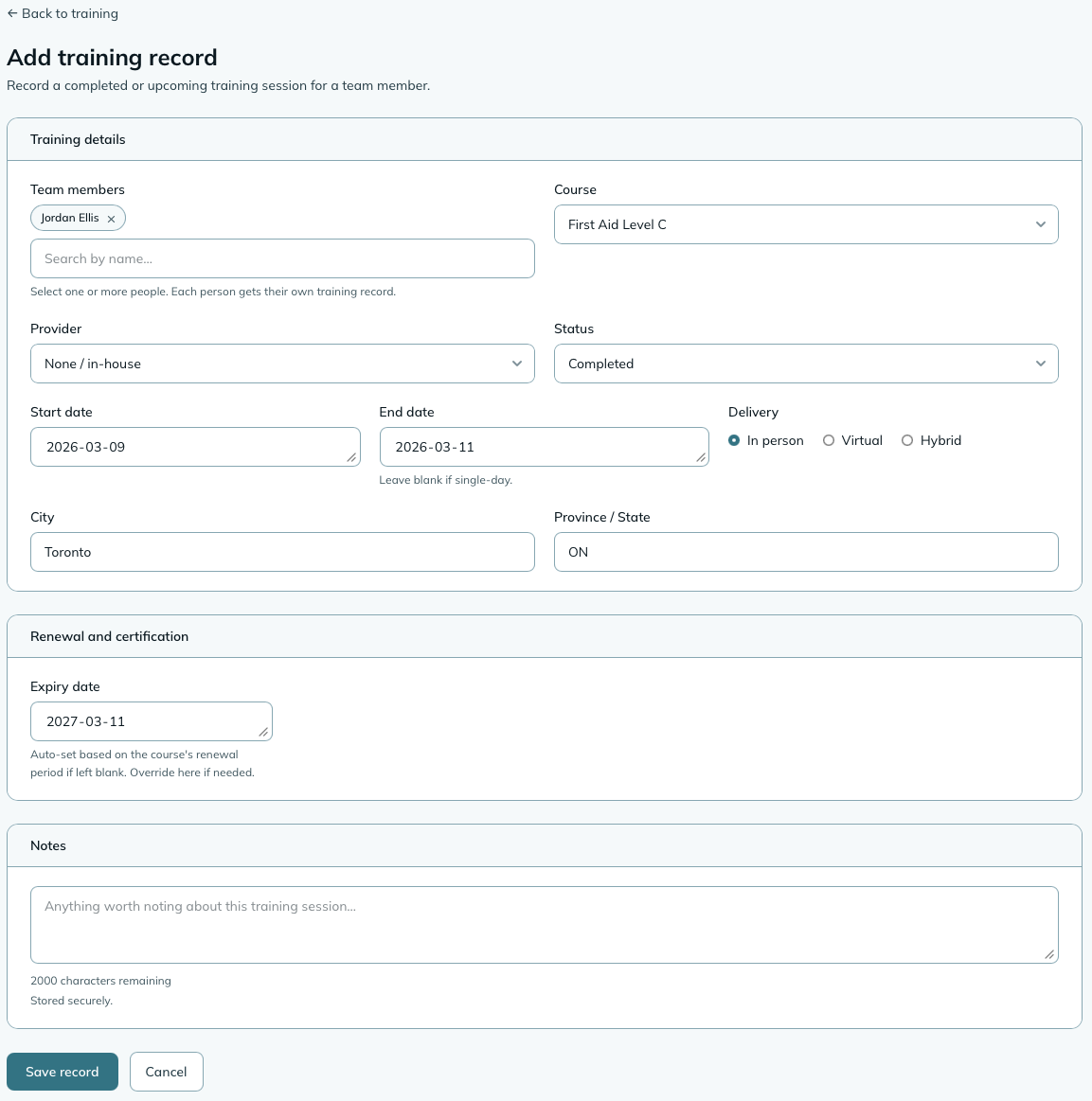The training record form, showing course selector, employee multi-select, start and end date fields, status dropdown, delivery method selector, and a notes textarea